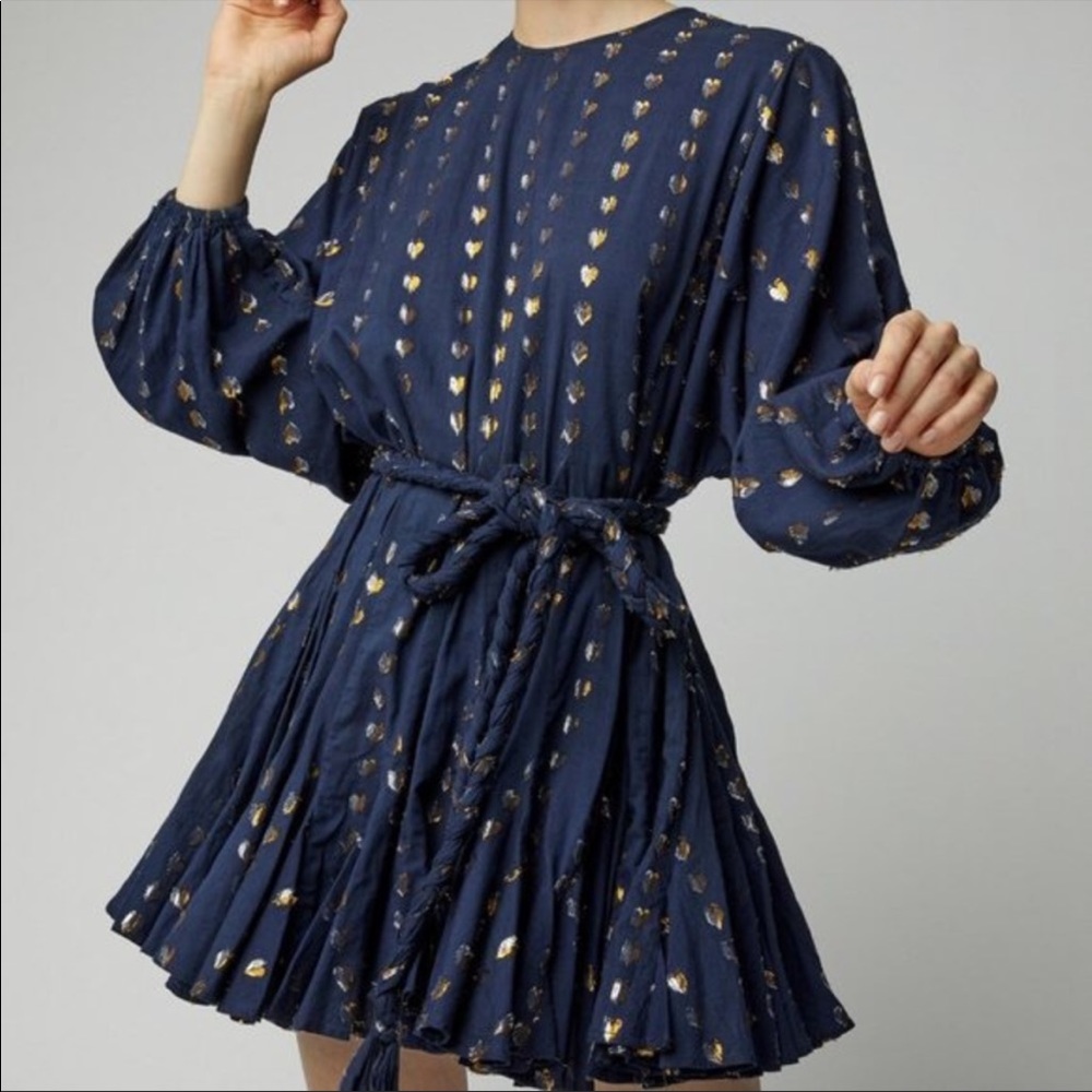 RHODE Ella navy gold heart dress with belt Sz M / L